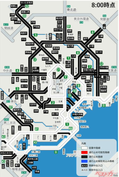 2024年に予防的通行止めを行った際の交通情報。黒い部分が通行止めだ（首都高公式Xアカウント）