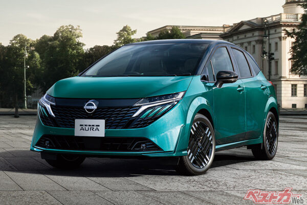 日産 ノートオーラ（2024年：4万2663台→2025年：2万8334台　66.4％）。ノートは法人需要などに支えられているが、上級のオーラはノート以上に落ち込んだ