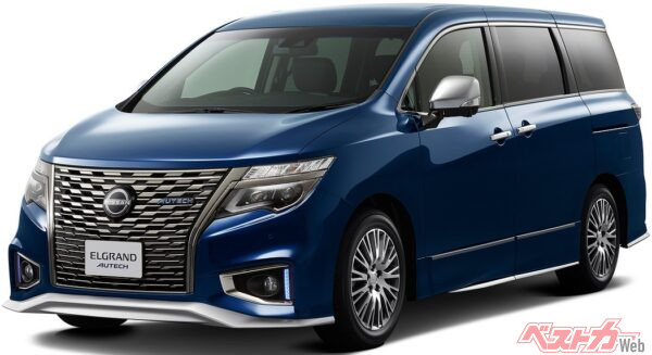現行型エルグランドAUTECH。専用ボディカラーやエアロパーツ、専用デザインのアルミホイールなど、プレミアム感のある装備が満載だ