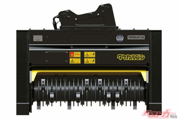 油圧ショベルのアームの先に付けて使うマルチャー「タケカルゴン」