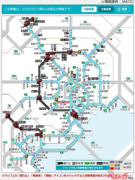 2024年に行われた予防的通行止め時の首都高の通行止め区間（出典：首都高）