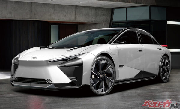 ベストカー編集部が作成した次期型レクサス ISの予想CG。BEVの利点を活かした低いボンネットが精悍
