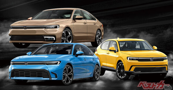 2027年度、日本には次世代e:HEVの新型車が3車種投入されるという情報。次期アコード、シビックは確定的で、もう一台は不明だがヴェゼルが有力。電動4WDも用意される(ベストカー編集部作成の予想CG)