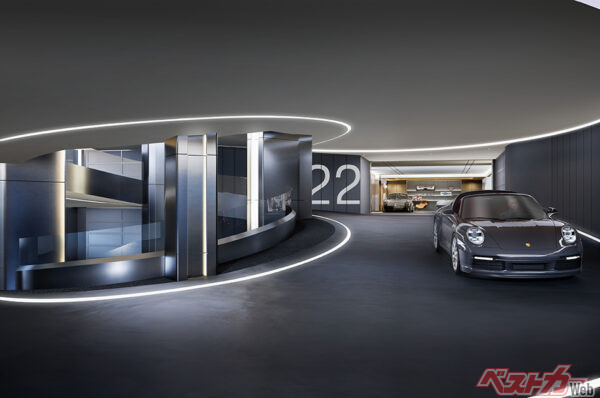 回廊を通じて各部屋に愛車でアクセスできる。もはやガレージがひとつの展示ブース