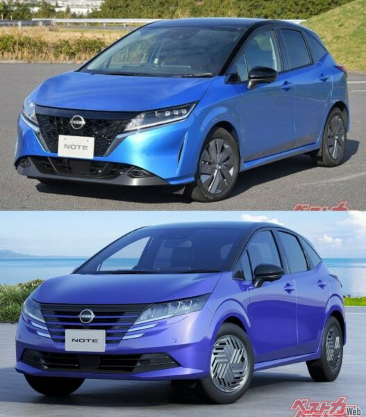 上がマイナーチェンジ前のノート。下はマイナーチェンジで「デジタルVモーショングリル」を採用した