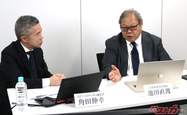 本質をわかりやすく解説していただいた池田直渡氏（写真右）。左は司会のベストカーWeb編集部・角田