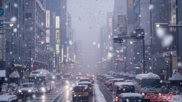 都市部では雨でも、山間部では雪になるケースがある。春のタイヤ交換では行動範囲の確認も重要（PHOTO：Adobe Stock_Logmotion）