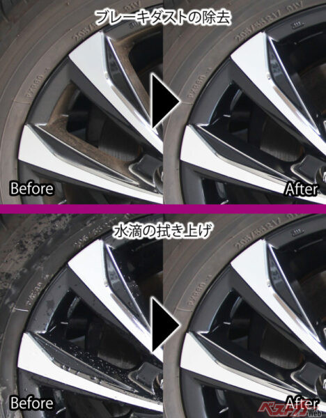ブレーキダストなどの汚れの拭き取りから、水滴の拭き上げまで、1枚で完結
