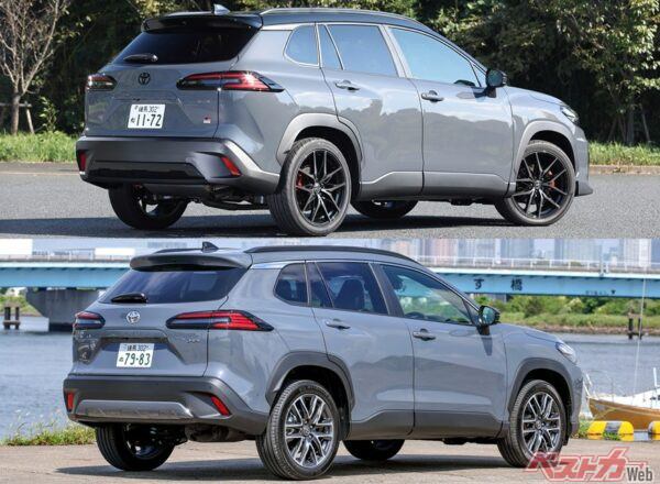 カローラクロスGRスポーツのリア(上)とカローラクロスのリア(下)