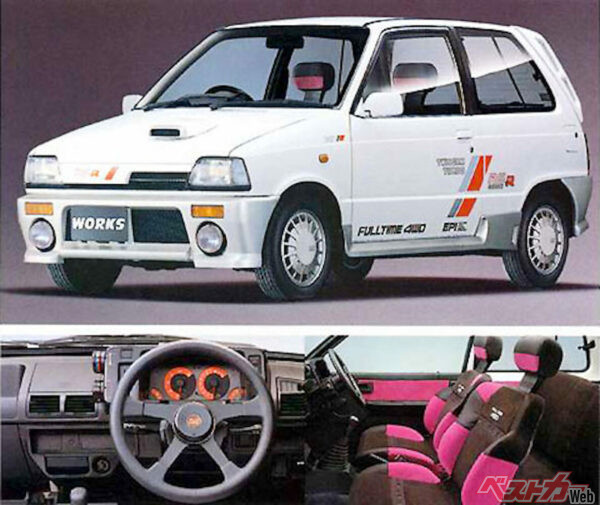 1987年2月にデビューしたアルトワークスは、64馬力自主規制が生まれるきっかけになったクルマ。F5A型493ccの直3、インタークーラー付きDOHC12Vターボは64ps／7.3kgmを発生。当初78ps出ていたとされるが実際には64psに抑えられた