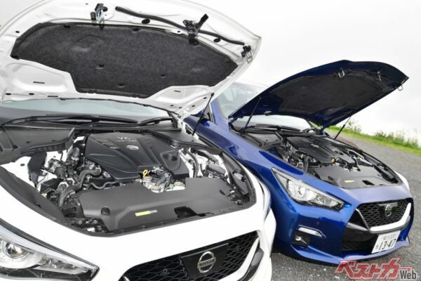 V6ツインターボを押し込んだV37のエンジンルーム（左）。この先行投資は実は14代目の新型へ繋がる布石だったのだろうか
