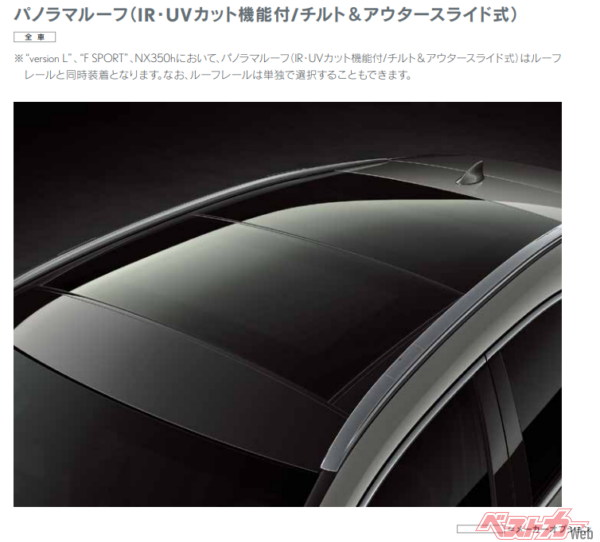 メーカーオプションのパノラマルーフはスライド機能も付いているため空気の入れ替えによさそうだ。