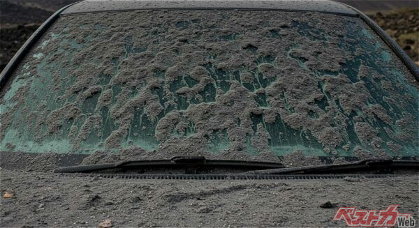 火山灰が付いた状態でワイパーを動かせばウインドウに傷が付くうえ、ウォッシャー液で濡らせば軟泥化する（Hard@Adobestock）