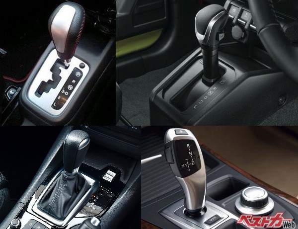各車のATはそれぞれP→R→N→D→マニュアルモードの＋−、P→R→N→D→2→Lなど、Dレンジのほかに、Lレンジ、Sレンジ、M＋−など、さまざまなパターンがある