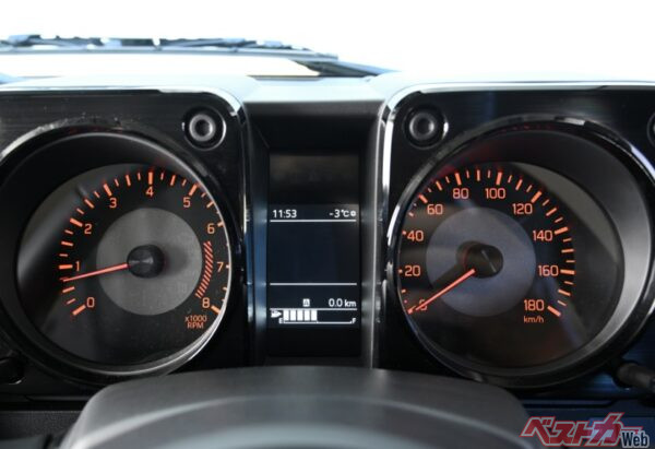 ジムニーノマドのメーター。100km/h巡行時にはそれなりに気を配る必要もある