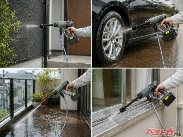 洗車・外壁・ベランダ・窓サッシなど、さまざまな場所で活用できるコードレス高圧洗浄機「POWER WASHER」