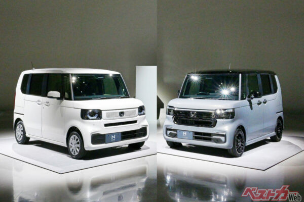 現行の3代目は2023年に登場。N-BOX(左)とN-BOXカスタム(右)