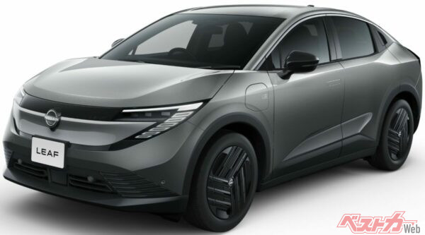 日産新型「リーフ」。交流電力量消費率（WLTCモード）は118Wh/kmと、トヨタ「bZ4Xツーリング」（114Wh/km）にはわずかに劣るものの、同社のアリア（166Wh/km）と比べて電費は有利