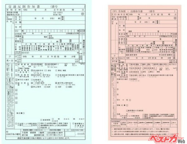 左が青切符、右が赤切符（出典：警察庁交通局）