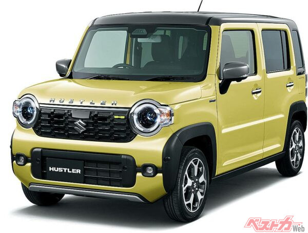 こちらがハスラー標準車。新色のフュージョンイエローパールメタリックを纏うがこれまた似合う。ボンネットの切り文字は「X」に標準装備