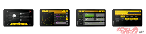 左から、Garmin Performance Packageホーム画面、ラップタイムレビュー、ラップと区間ごとの詳細走行情報、ドラッグレースタイマー