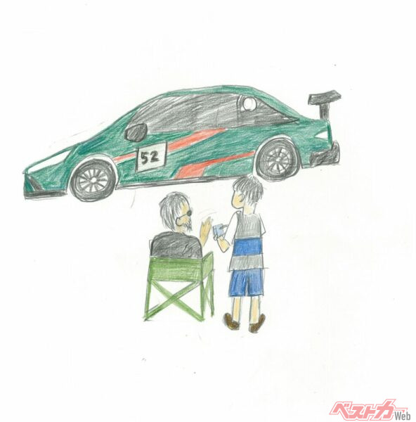 服部尚貴選手にインタビューする姿を描いてくれたぞ！　埼玉トヨペットGreen Braveの52号車もいてグリッドウォークの様子がしっかりと伝わってくる