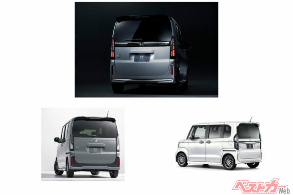 N-BOXカスタムのリア。上段はN-BOXカスタム コーディネートスタイル。下段左は現行のN-BOXカスタム。下段右は先代N-BOXカスタム