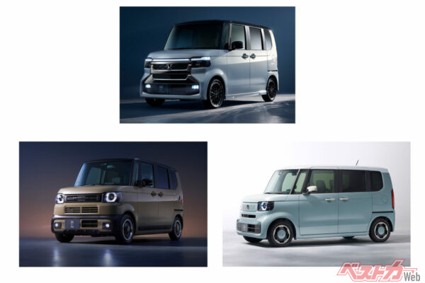 2026年6月に改良が発表されたN-BOXシリーズ。上段はN-BOX CUSTOM ターボ コーディネートスタイル。下段左：N-BOX JOYターボ 特別仕様車「BLACK STYLE」、下段右：N-BOX ファッションスタイル 