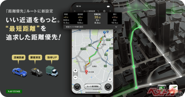 最短ルートを提案!! 「カーナビタイム」に最短距離優先機能がついに登場!!