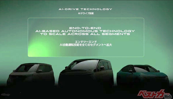発表会でのAIドライブ技術の画像。エルグランドの両脇にサクラとリーフが見える