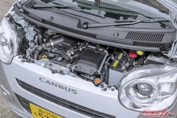 ムーヴキャンバスのエンジン。NAなら52ps、ターボなら64psとなる。写真はNA