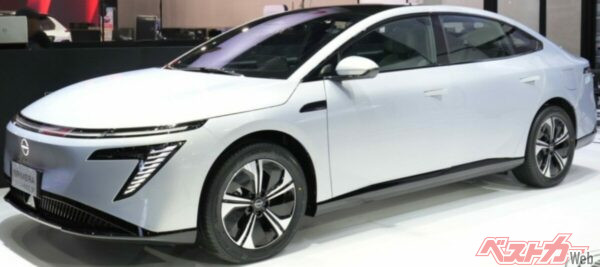 新型「プリメーラEV」。フロントマスクやボディのプレスラインなど、中国向けBEV「N7」とそっくりだ