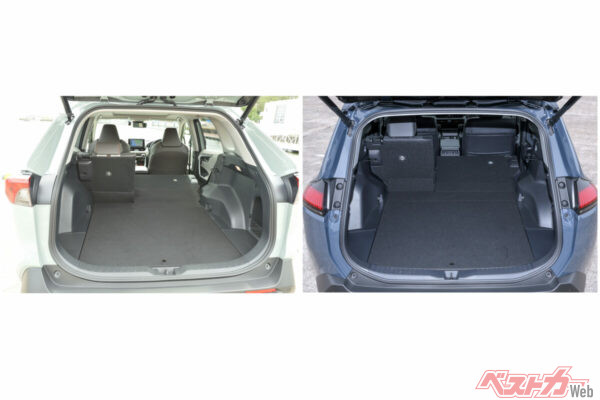 先代RAV4(左)と新型RAV4(右)の比較。後席を倒した際の傾斜が新型はゆるやかになっている