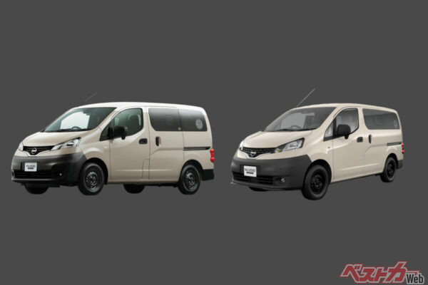背景を暗くして並べてみれば一目瞭然。左は従来のNV200バネットマイルーム、右は一部仕様向上によってモノトーンが追加されたもの。左はルーフまわりが白くなっている