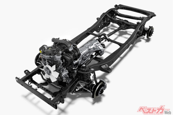 ラダーフレームはIMVシリーズと共通のアーキテクチャーをベースにブレースなど補強を施したものだ