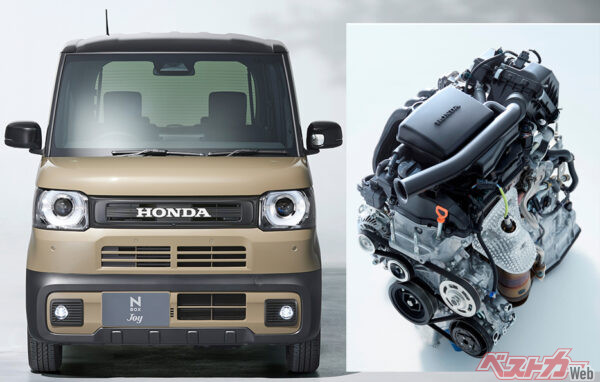 N-BOXに搭載されるホンダの「S07B」エンジン。最高出力：43kW（58PS）／7,300rpm、最大トルク：65Nm（6.6kgfm）／4,800rpm。WLTCモード燃費は21.6km/L