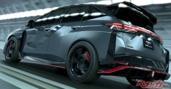 標準の「オーラNISMO」に対し、ワイドフェンダーによって全幅は1880mmまで拡大されている。量産化するなら、専用の工程が必要になることも予想される