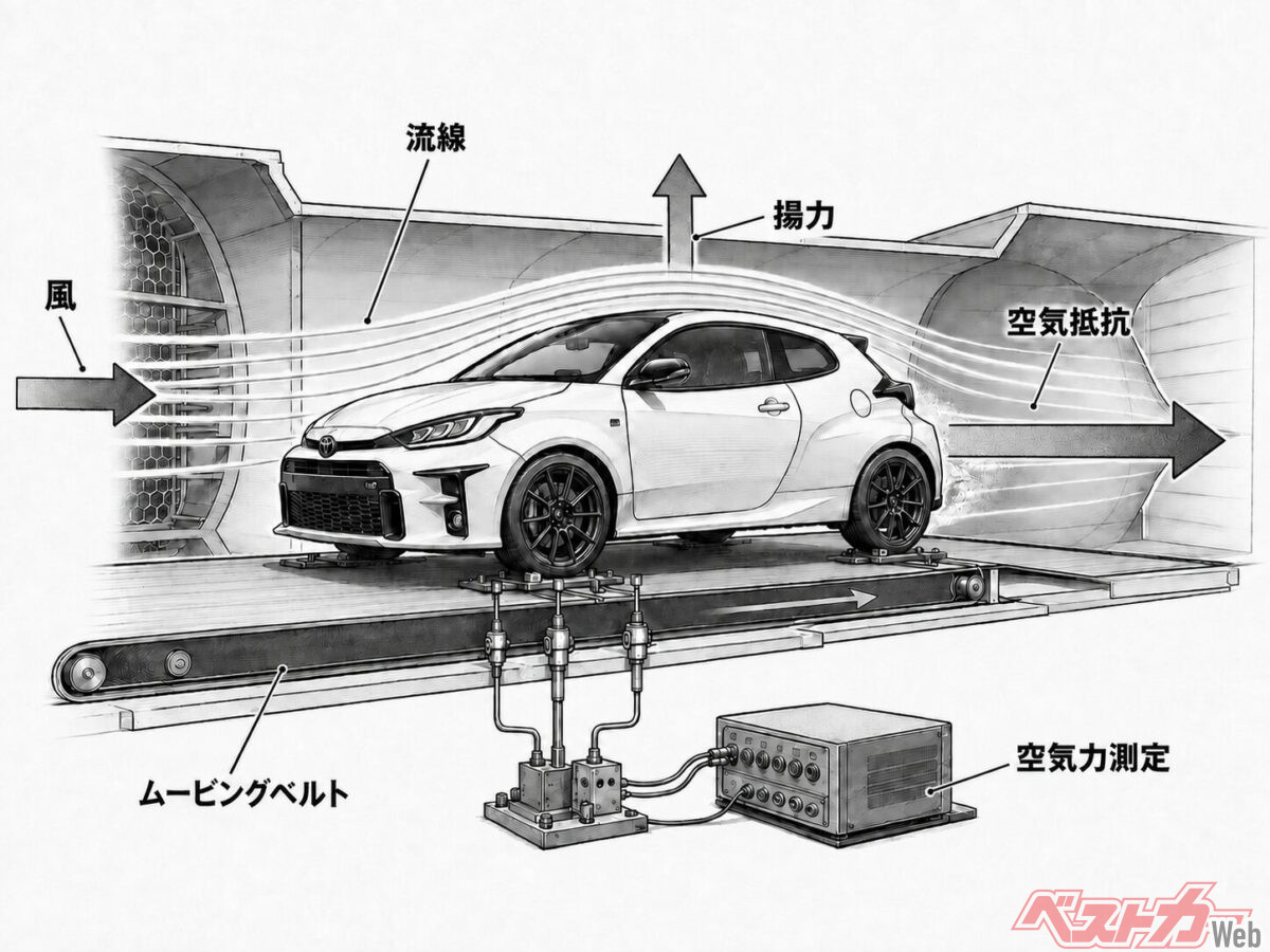 一般的な風洞のイメージ。車体に空気を当ててその影響を調べる