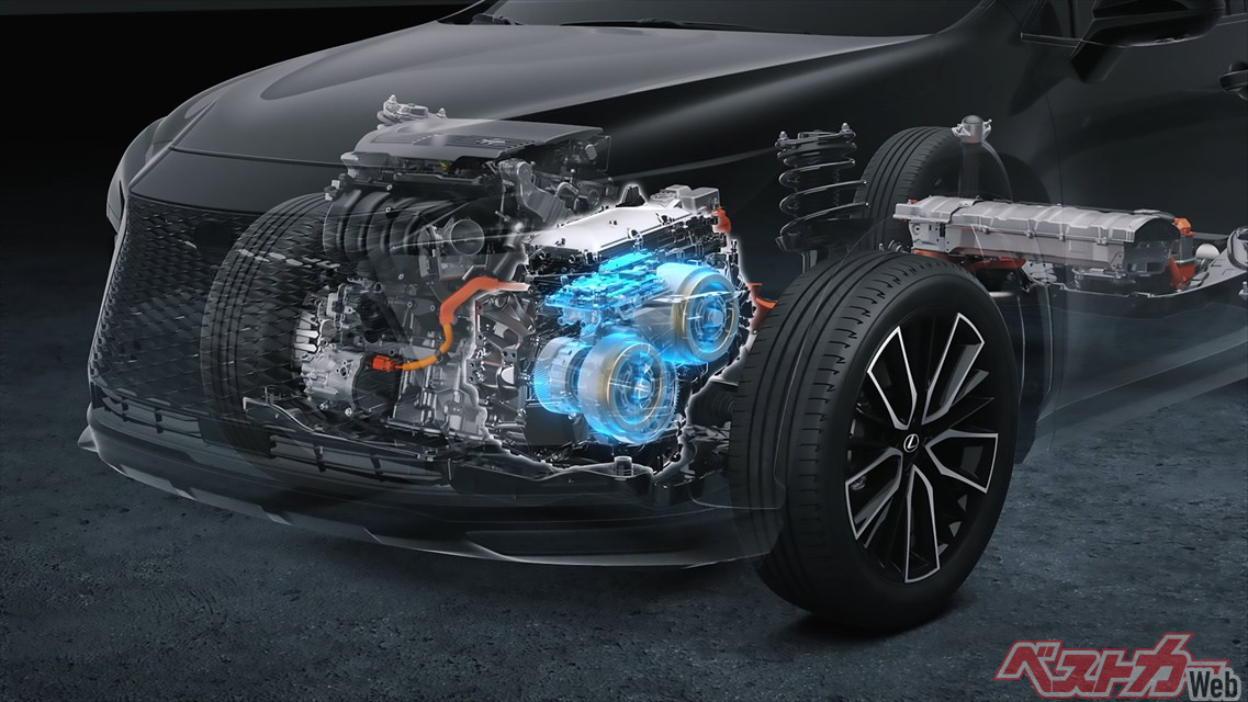 新型NXに採用された新世代の「e-Axle」。「トランスアクスル」「モーター」「PCU(Power Control Unit)」が一体化され、より小型・軽量・低重心を実現
