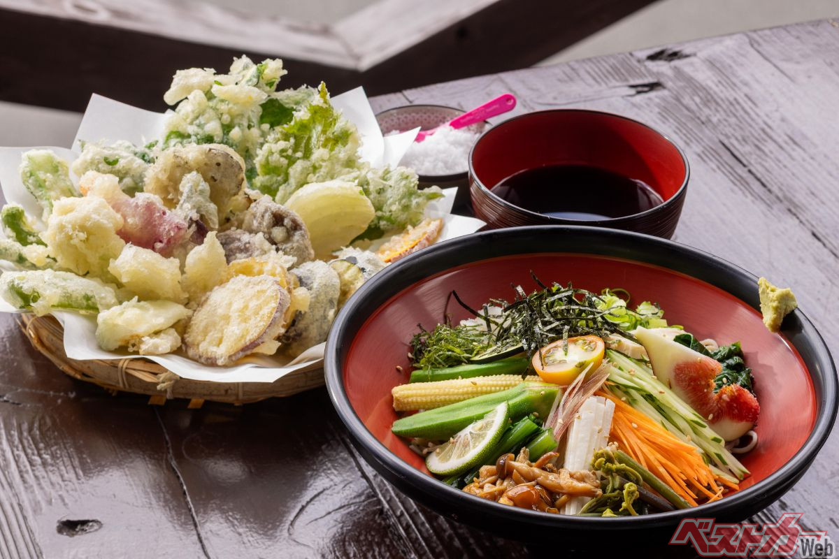 『手打そば やまびこ』「香味蕎麦」(1600円)。にんじん、きゅうり、トマト、ヤングコーンといった野菜に薬味、山菜、イチヂクなどなど15種以上の具材がのる(手前)。奥はさつまいも、なすしいたけといった「山菜と夏野菜の天ぷら」(1600円)