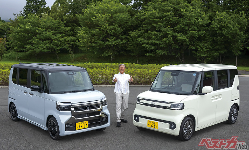 ホンダ N-BOX(左)と比較。N-BOXは全長3395mm、全幅1475mm、全高1790mm。BYD ラッコ(右)は全長3395mm、全幅1475mm、全高1800mm。価格はN-BOXカスタムターボが265万8700円、ラッコ300プレミアムが249万7000円
