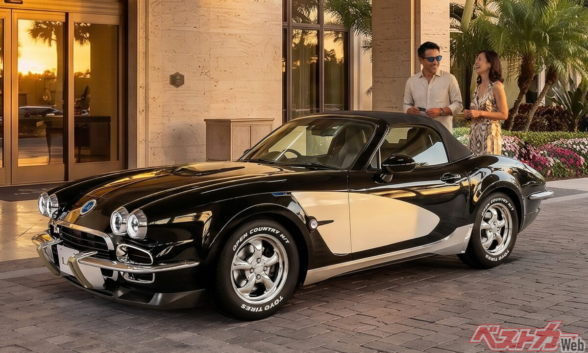 発表された新型スポーツカー。ベース車両はおそらくマツダロードスター。車名はまだ発表されていないがLA1というエンブレムが見える