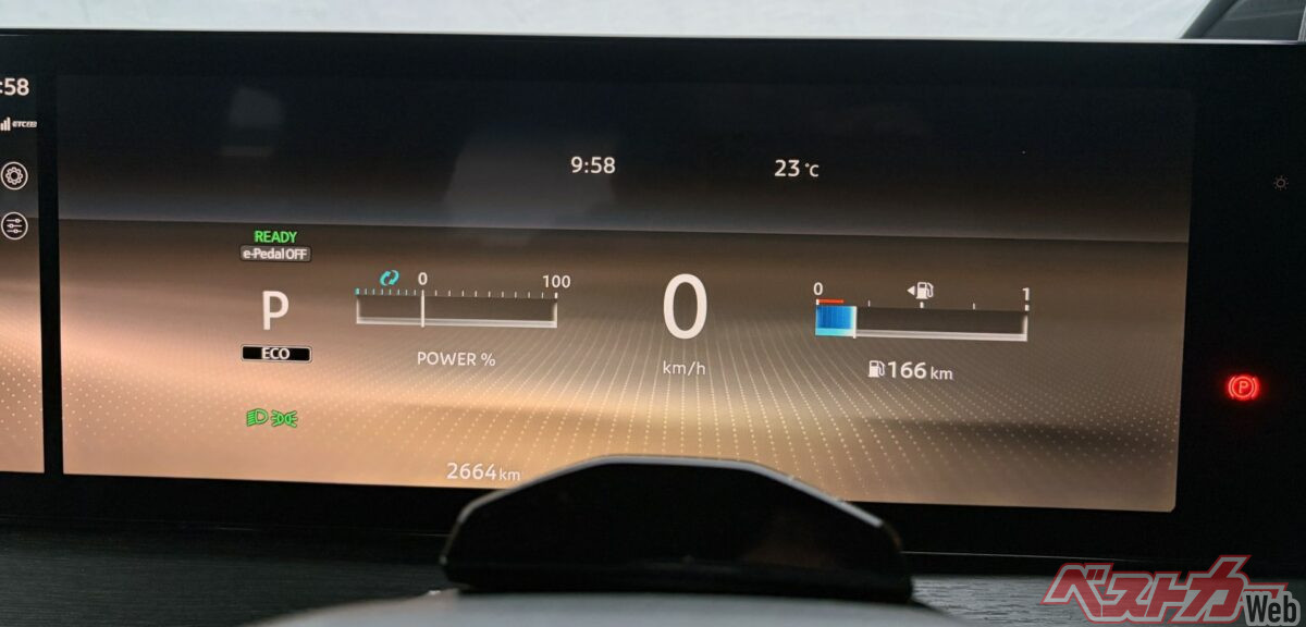 速度を中央へ大きく表示するシンプルな画面。パワーメーターと燃料計も横一列に並ぶ