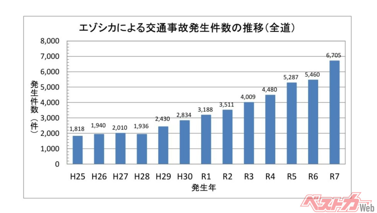 2025年、北海道内でエゾシカが関係する交通事故は6705件に達し、9年連続で過去最多を更新した（北海道環境生活部「令和7年（2025年）エゾシカが関係する交通事故発生状況」より）