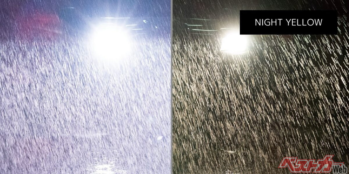 夜の雨、右の画像が「夜間用ナイトイエロー」装着時。ヘッドライトからの乱反射を抑えているのがわかる！
