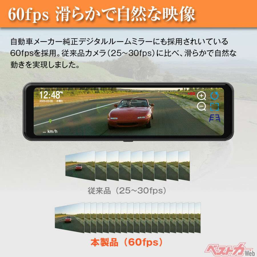 60fpsリアカメラ採用デジタルルームミラー