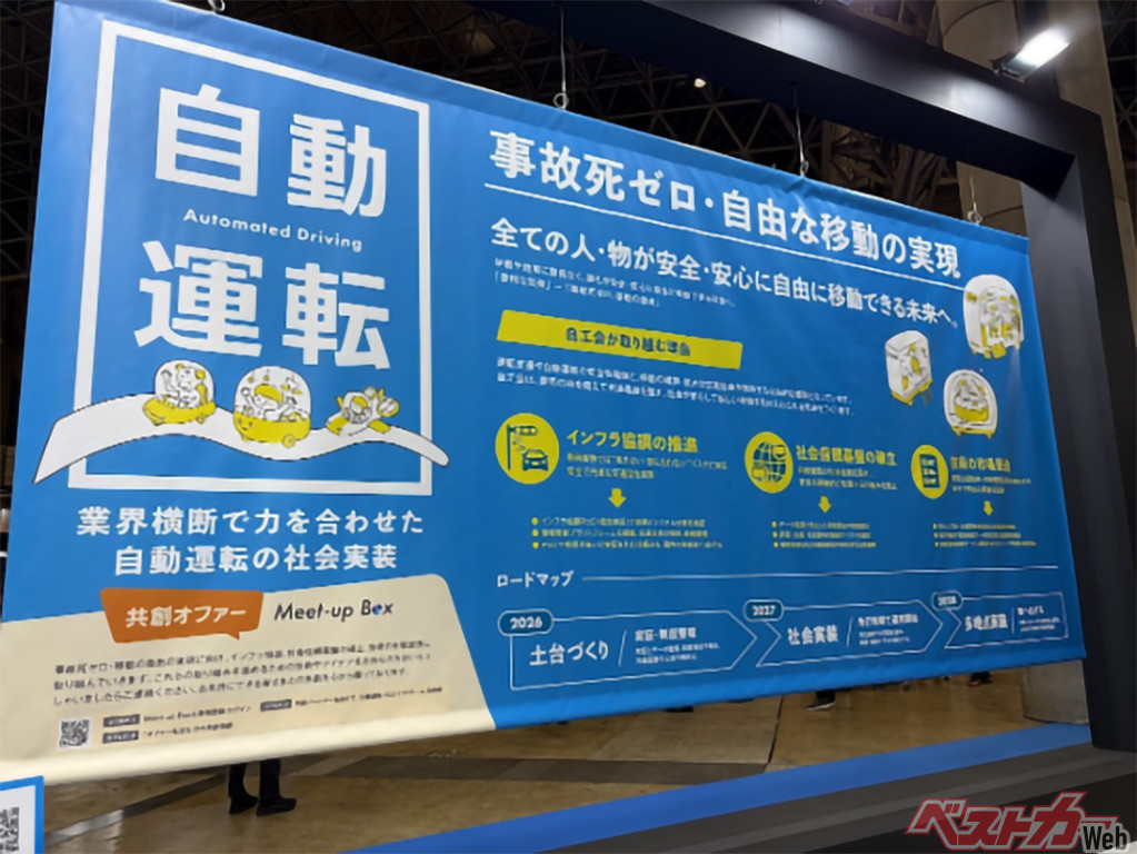 会場には、自動運転の社会実装に向けたロードマップも展示されていました。技術の進歩とともに、人とクルマの関係も変わっていきます