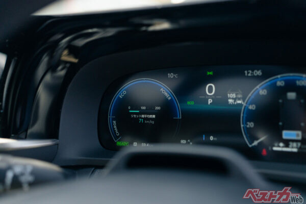 エアコンを付けて温度は25度に設定して約60kmを走行。平均燃費は71km /kgだった