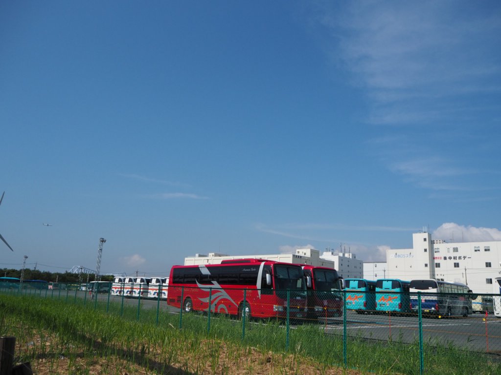 真っ青な夏空に真っ赤なボディが映える!!　和歌山県から駆けつけてくれたのは日の丸観光バスの このエアロエースだ