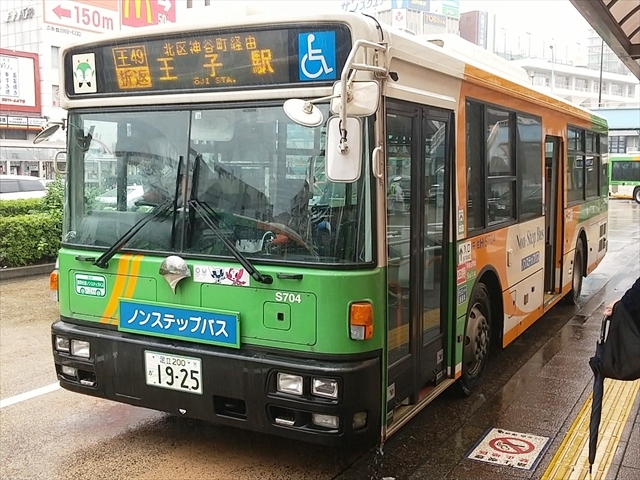王子駅は他の営業所担当路線も多いために西工製のバスも多く目にすることができる。写真は南千住営業所S704日産ディーゼル・西工のスペースランナー